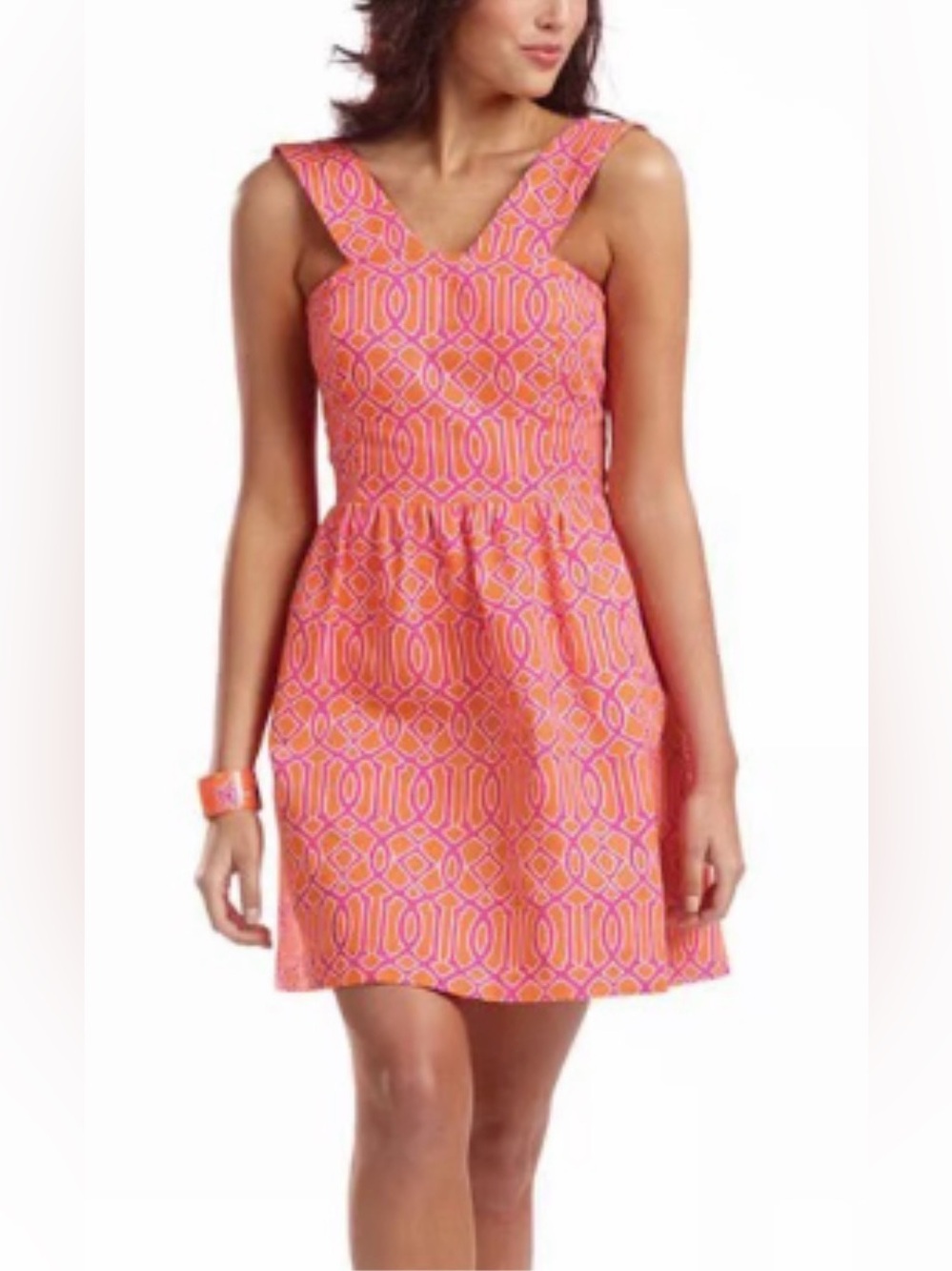 Mud Pie Pink and Orange Geometric Fit-and-Flare Dress